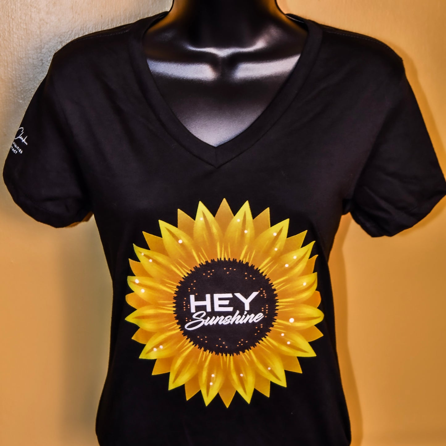 Women's 'Hey Sunshine" Large Sunflower Short Sleeve V-Neck T-Shirt